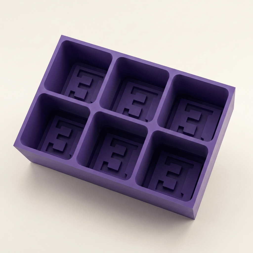 Purple silicone Letter E ice cube tray, 6-cavity mould with bold monogram E design