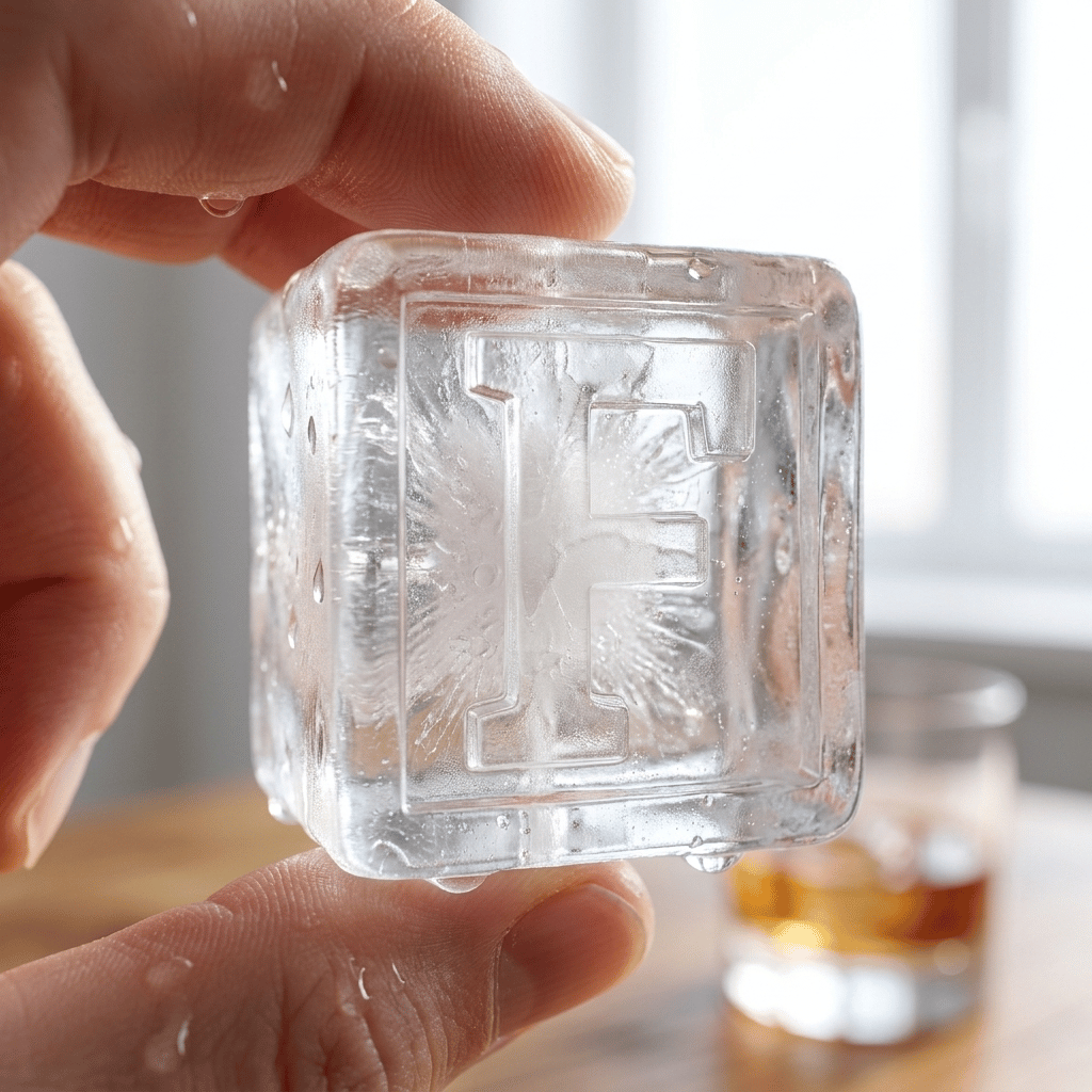 A hand holds a clear square ice cube with a raised geometric star-like pattern, with fingers visible on both sides and a softly blurred drink in the background.