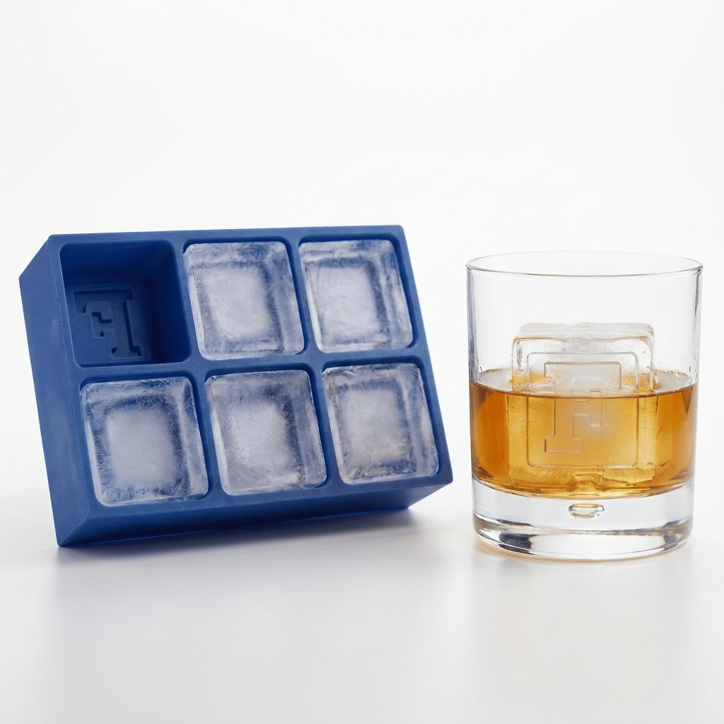 A blue silicone ice cube tray with six compartments sits next to a clear glass tumbler filled with an amber drink on a white studio background.