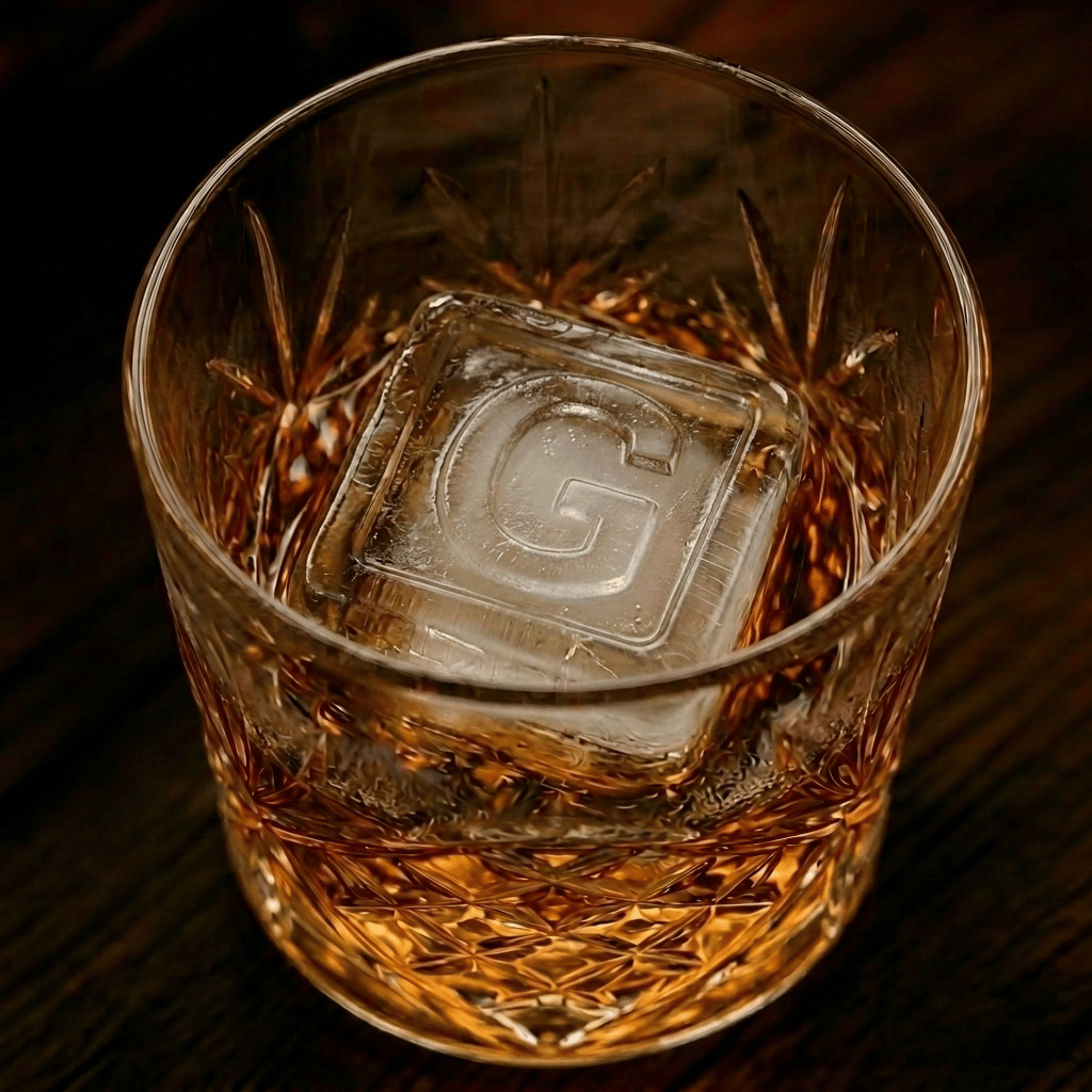 A cut-crystal whiskey glass filled with amber liquor and a large clear ice cube stamped with the letter G, set on a dark wooden surface.