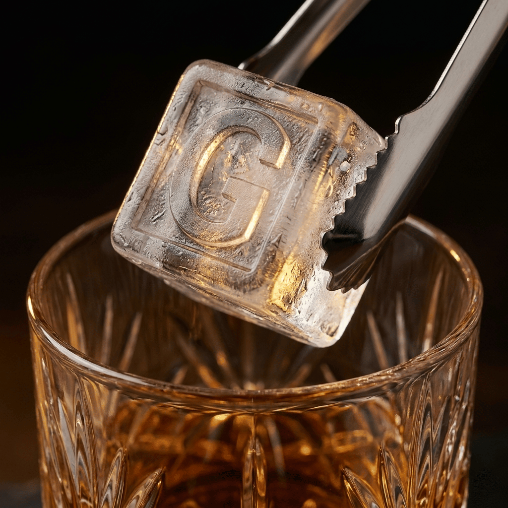 Stainless steel ice tongs gripping a large clear ice cube stamped with the letter G above a cut-crystal glass of amber whiskey.
