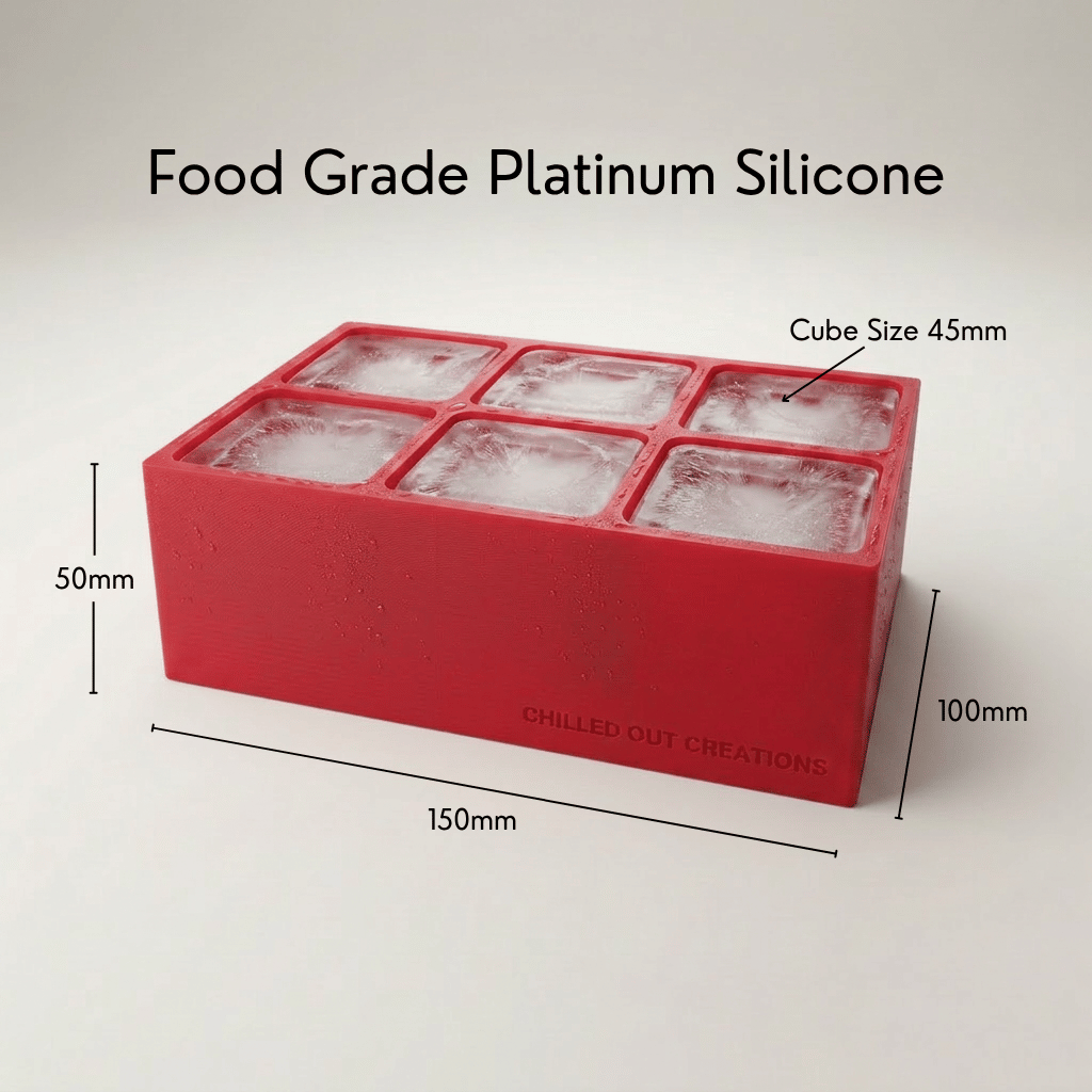 Red Letter G ice tray shown in its food-grade platinum silicone retail packaging