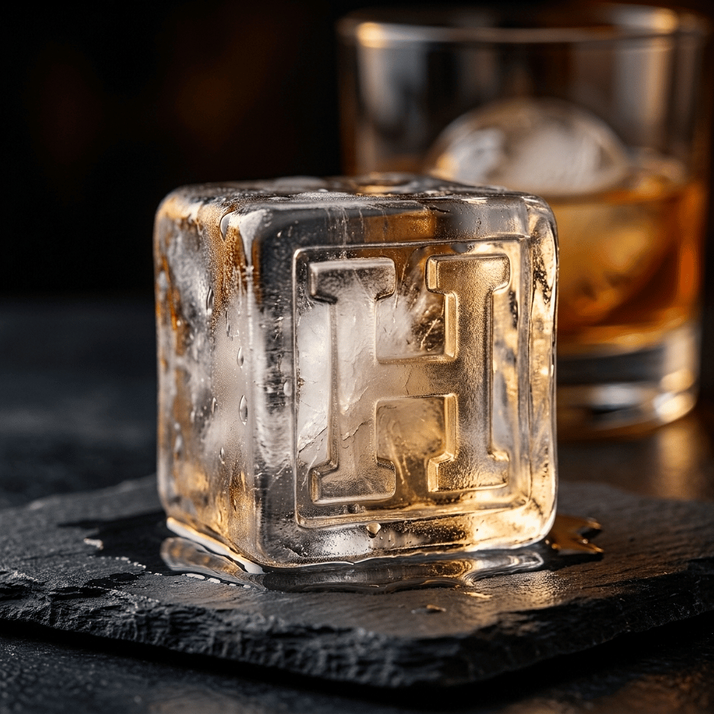 A large clear ice cube stamped with the letter H resting on a black slate coaster, with a glass of amber whiskey blurred in the background.