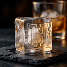 A large clear ice cube stamped with the letter H resting on a black slate coaster, with a glass of amber whiskey blurred in the background.