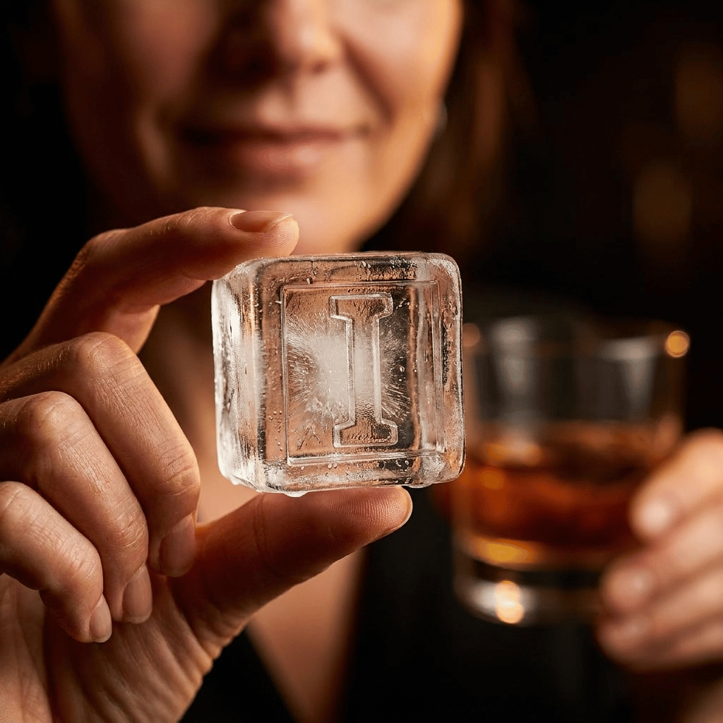 A person's hand holding up a large clear ice cube stamped with the letter I, with a glass of amber whiskey blurred in the background.