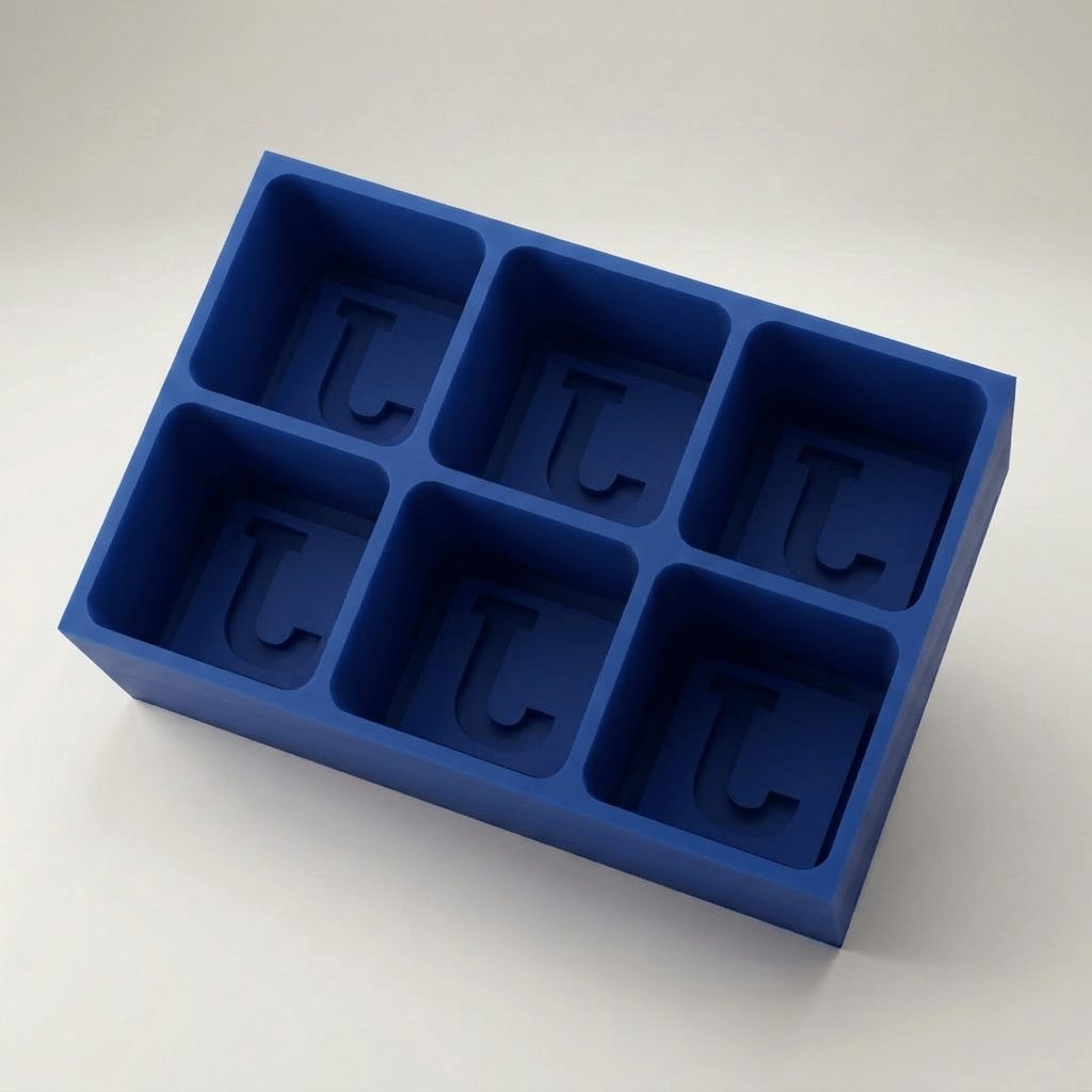 Blue silicone Letter J ice cube tray, 6-cavity mould with bold monogram J design