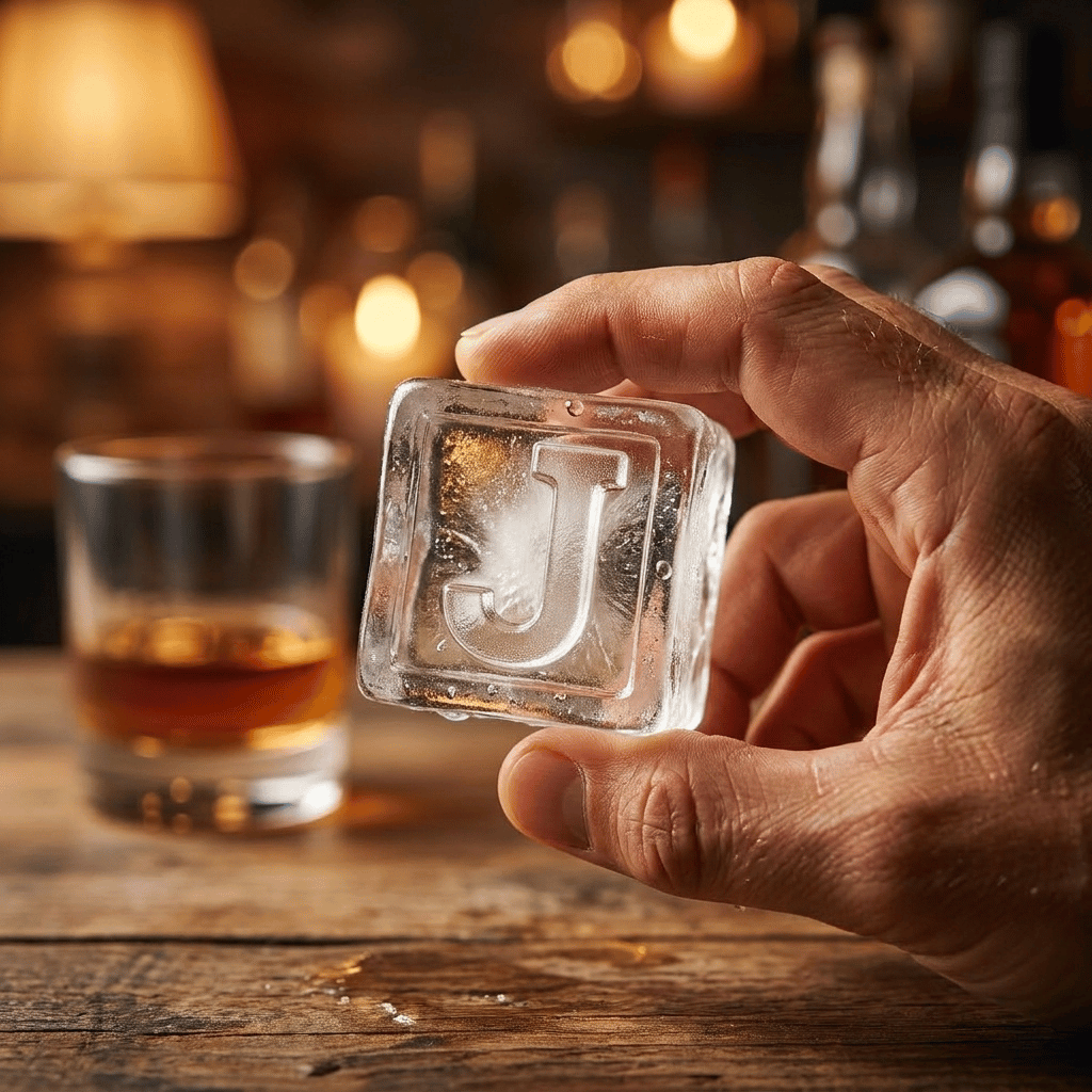 A person's hand holding up a large clear ice cube stamped with the letter J, with a glass of amber whiskey and a warmly lit bar in the background.