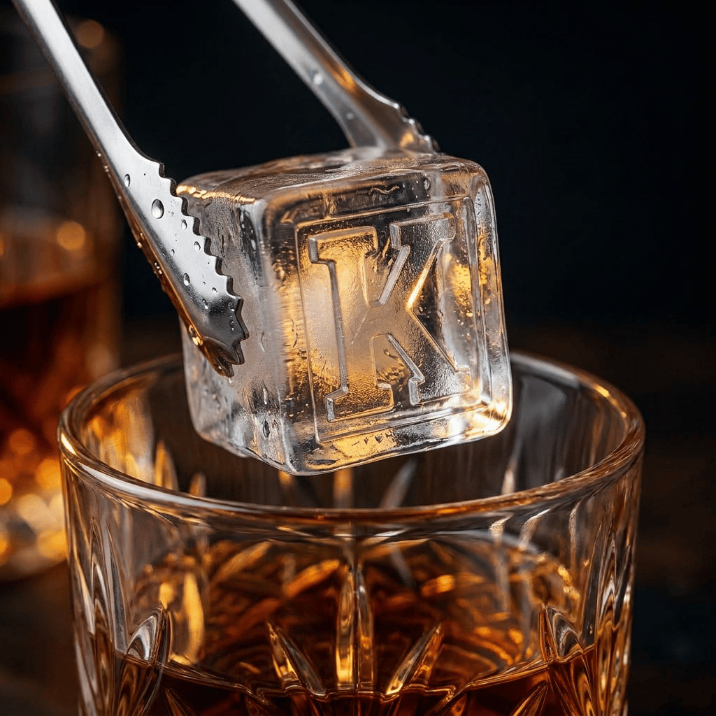 Stainless steel ice tongs lowering a large clear ice cube stamped with the letter K into a cut-crystal glass of amber whiskey.