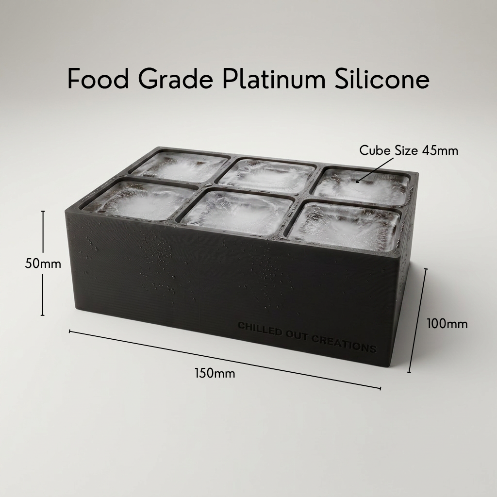 Black Letter L ice tray shown in its food-grade platinum silicone retail packaging