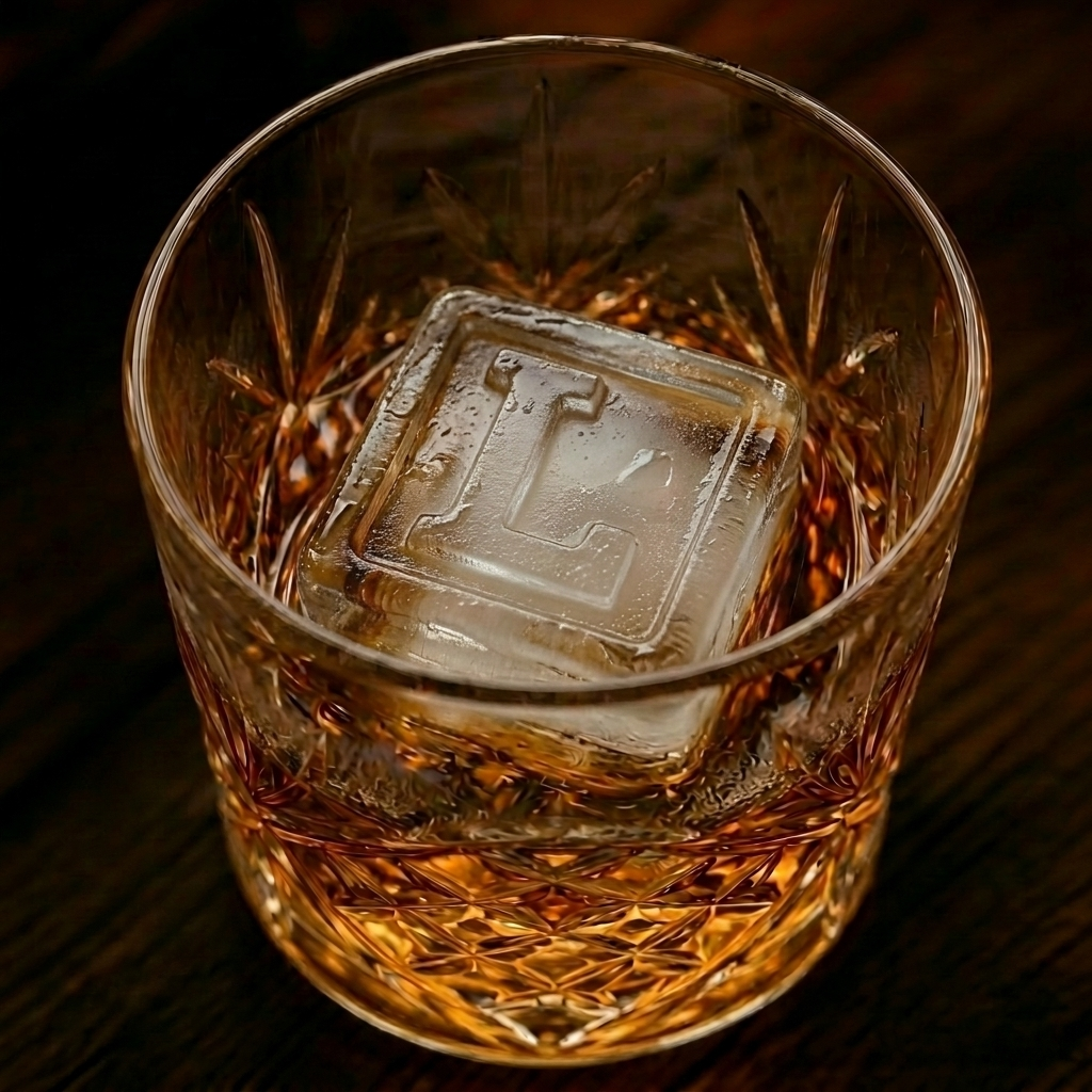 A cut-crystal whiskey glass filled with amber liquor and a large clear ice cube stamped with the letter L, set on a dark wooden surface.