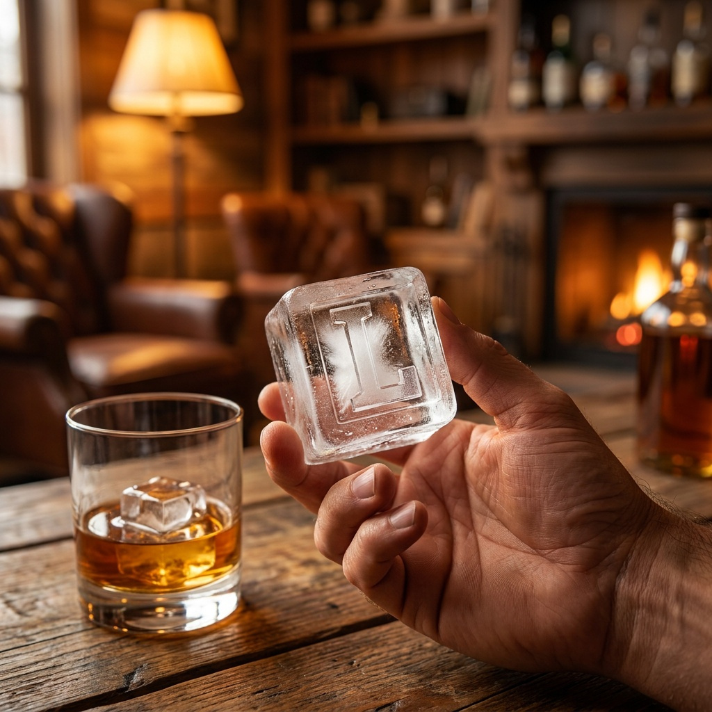 A person's hand holding up a large clear ice cube stamped with the letter L, with a glass of whiskey and a cozy fireside lounge in the background.