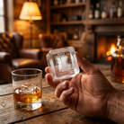 A person's hand holding up a large clear ice cube stamped with the letter L, with a glass of whiskey and a cozy fireside lounge in the background.