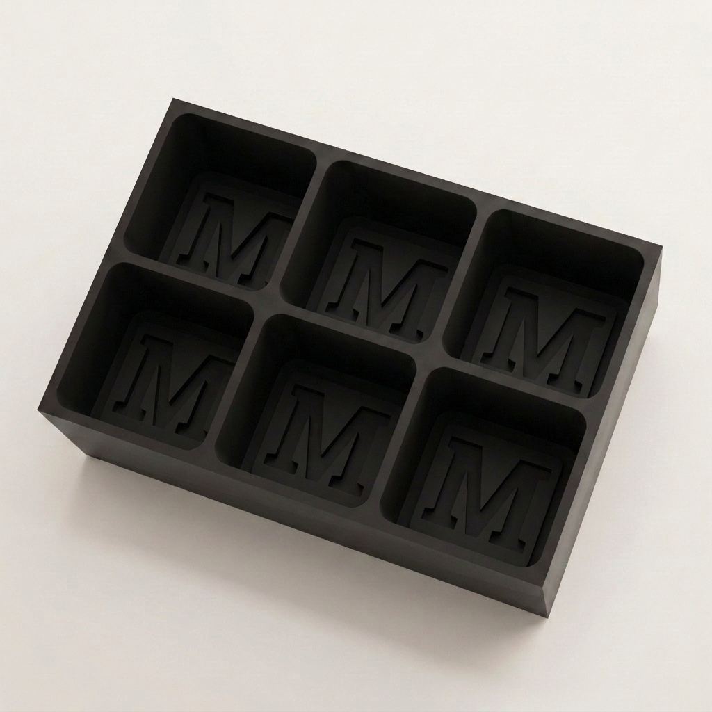 Black silicone Letter M ice cube tray, 6-cavity mould with bold monogram M design