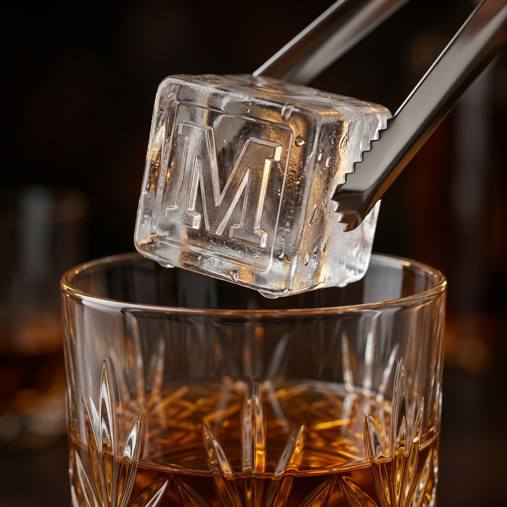 Stainless steel ice tongs lowering a large clear ice cube stamped with the letter M into a cut-crystal glass of amber whiskey.