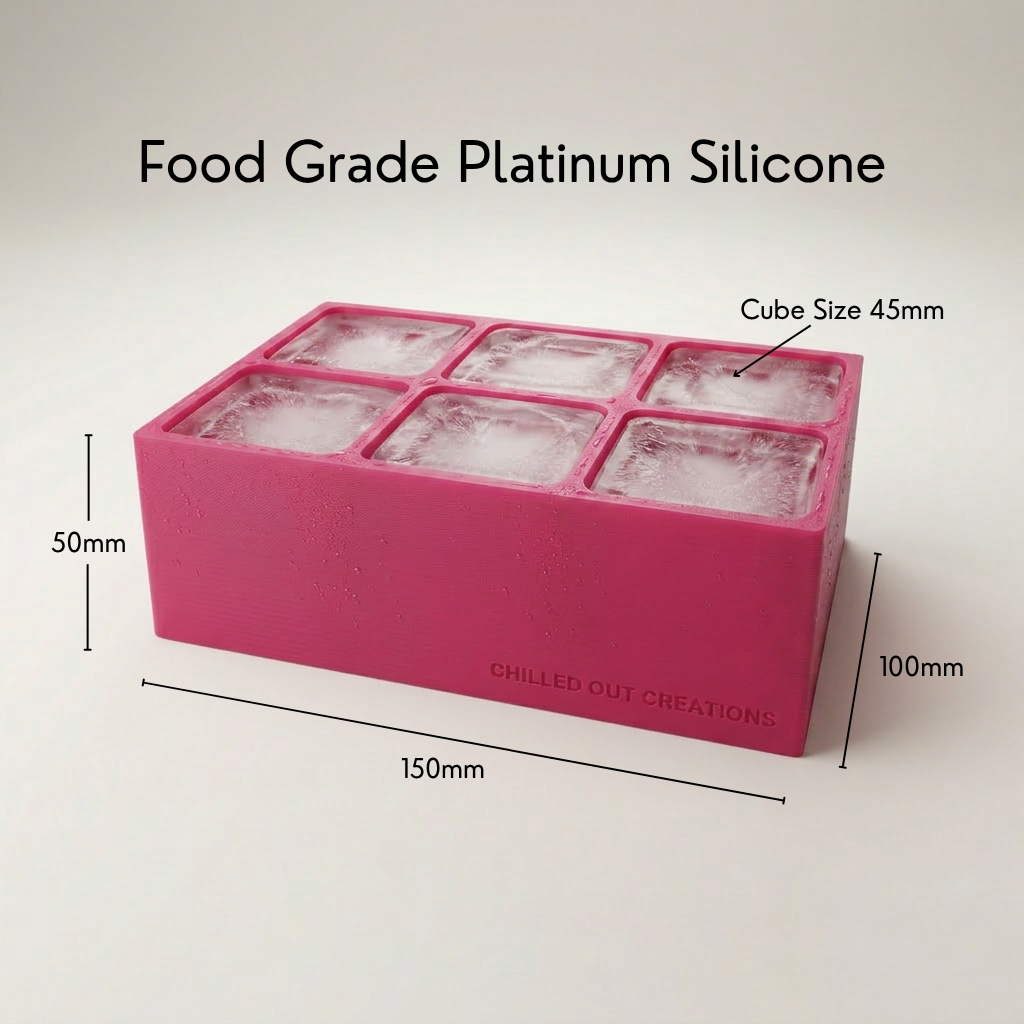 Pink Letter M ice tray shown in its food-grade platinum silicone retail packaging