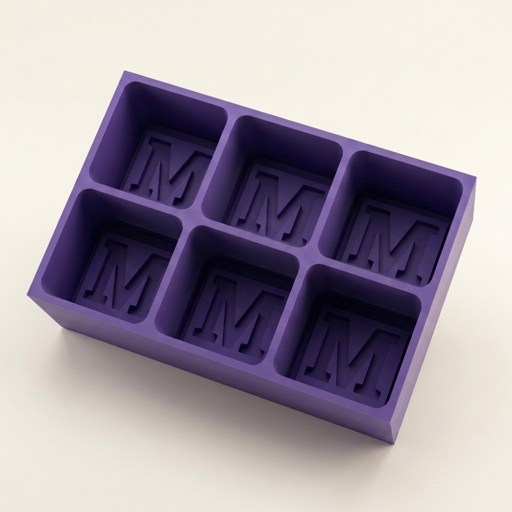 Purple silicone Letter M ice cube tray, 6-cavity mould with bold monogram M design