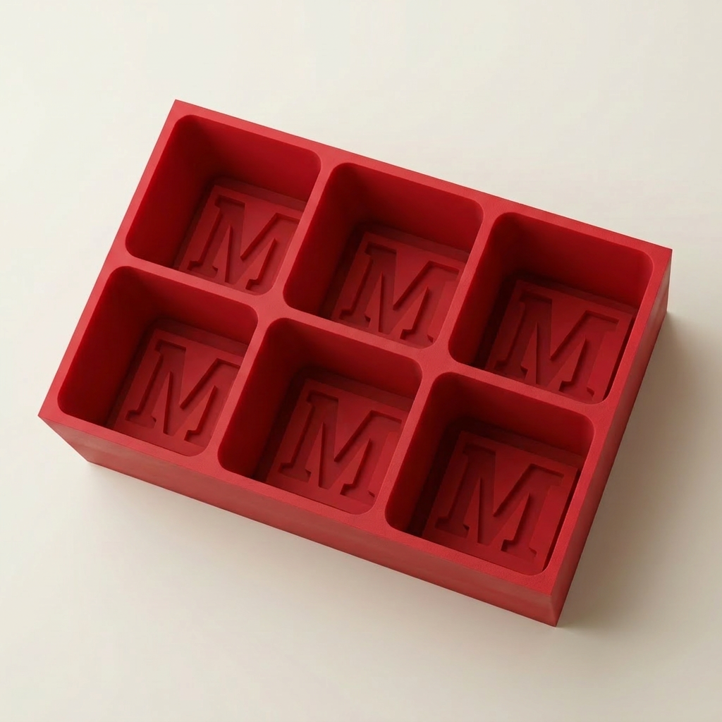 Red silicone Letter M ice cube tray, 6-cavity mould with bold monogram M design