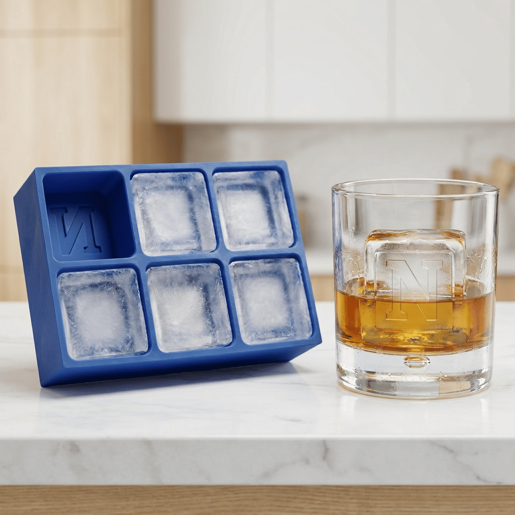 Blue silicone Letter N ice cube tray and a rocks glass of amber whiskey with a large N-stamped ice cube, on a white marble kitchen countertop.