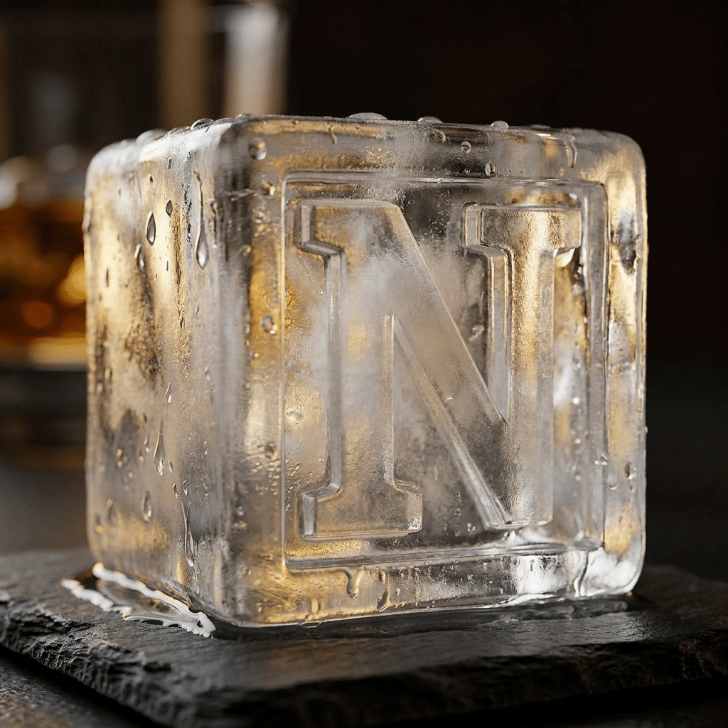 A large clear ice cube stamped with the letter N resting on a black slate coaster, with a glass of amber whiskey blurred in the background.