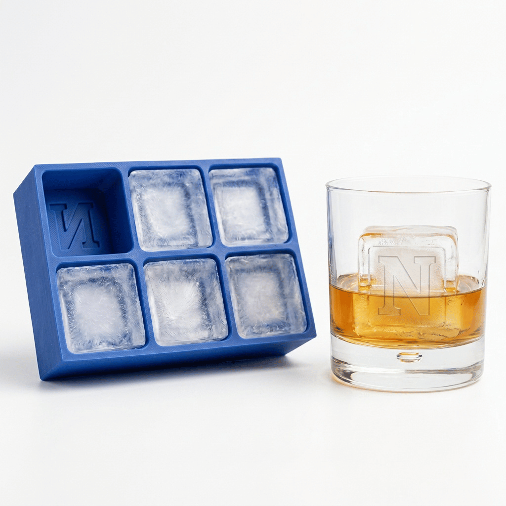 Blue silicone Letter N ice cube tray beside a rocks glass of amber whiskey chilled with a large clear ice cube stamped with the letter N, on a white background.