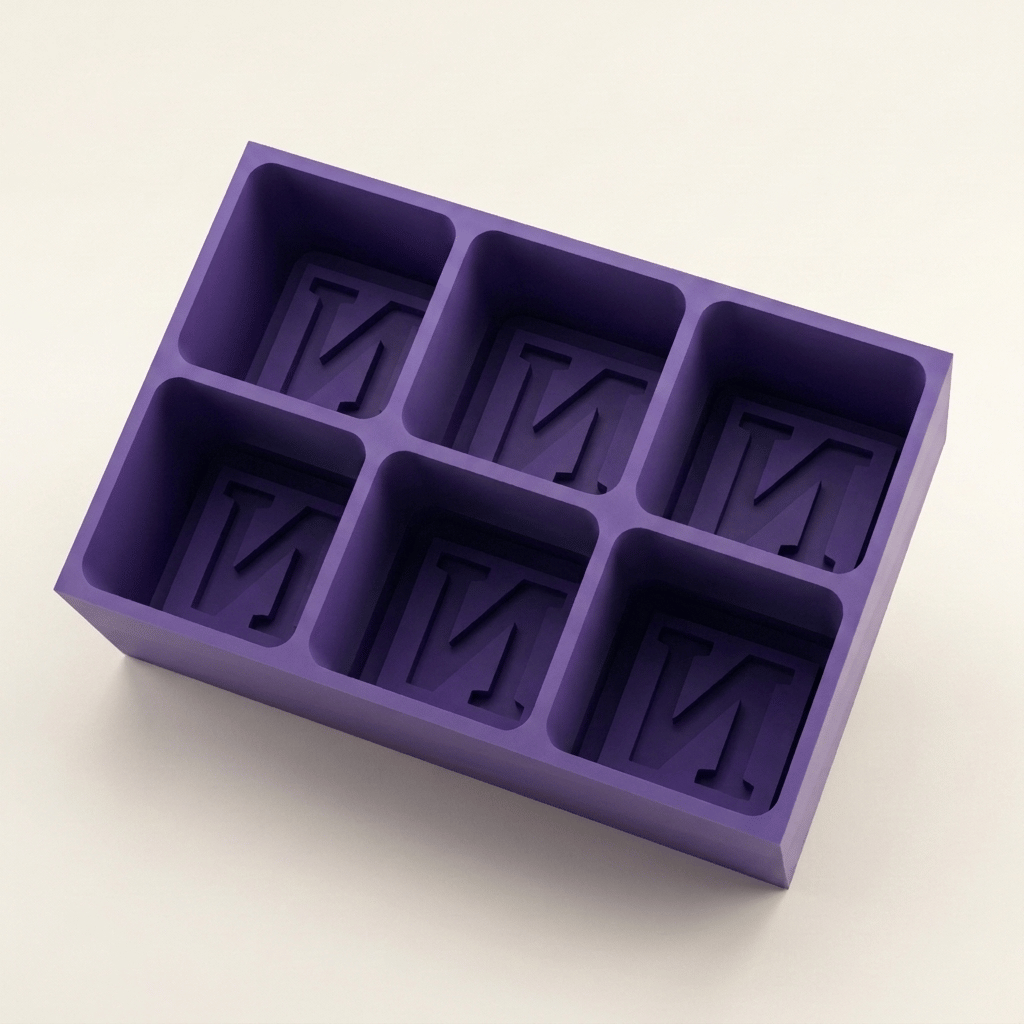 Purple silicone Letter N ice cube tray, 6-cavity mould with bold monogram N design