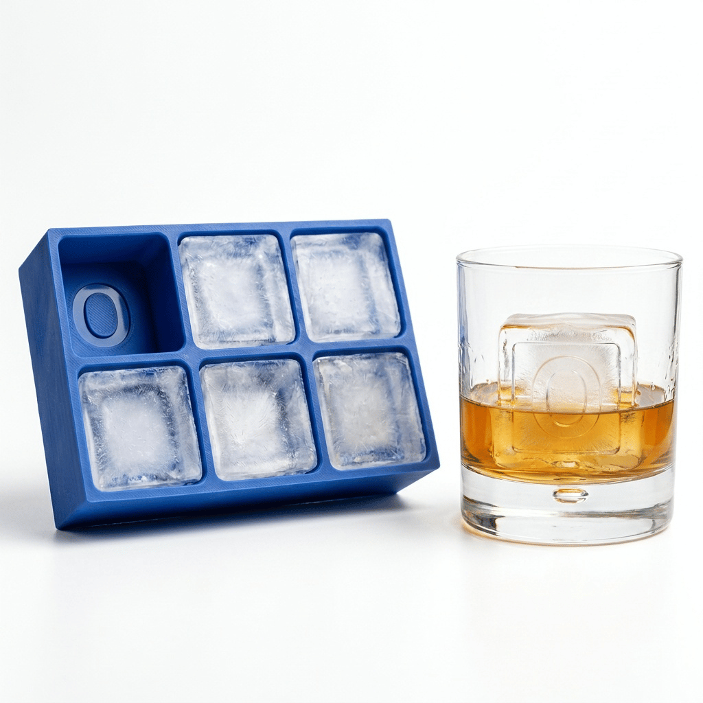 Blue silicone Letter O ice cube tray beside a rocks glass of amber whiskey chilled with a large clear ice cube stamped with the letter O, on a white background.