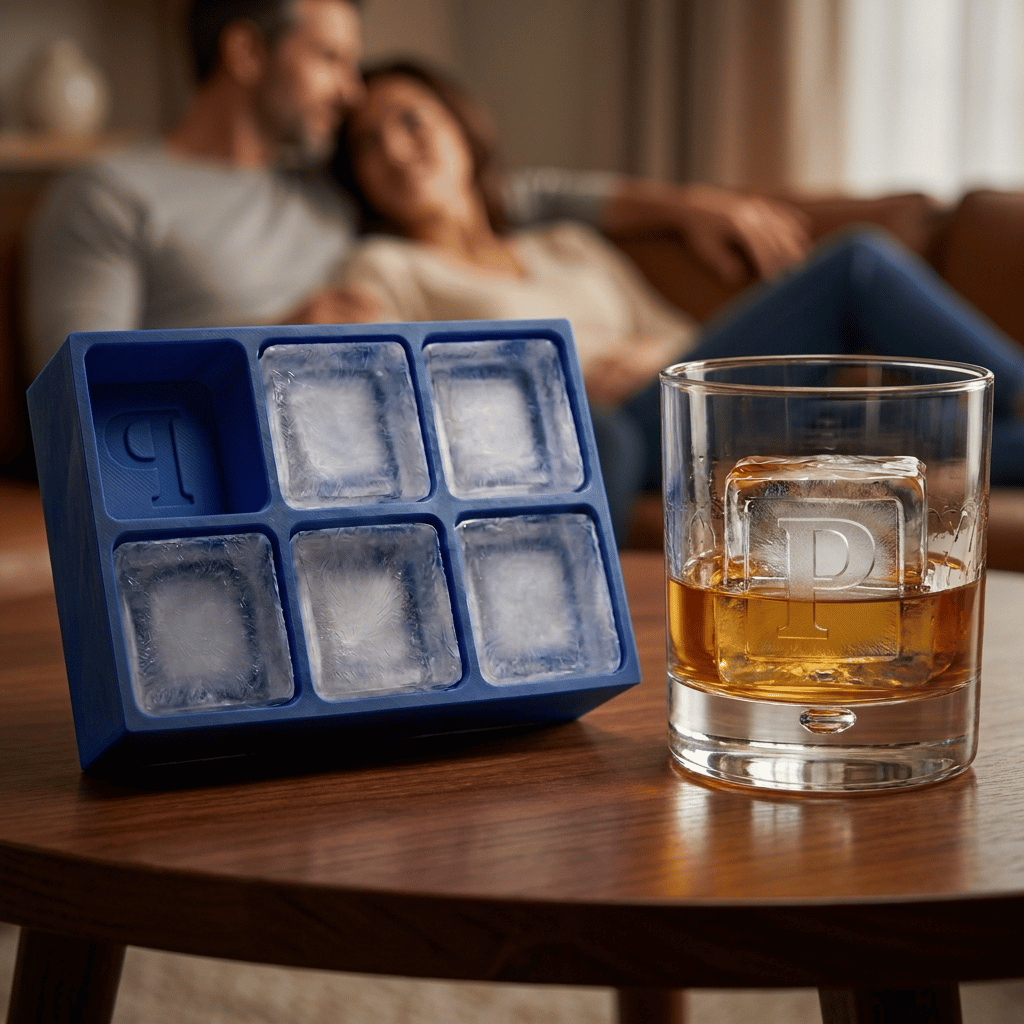 Blue silicone Letter P ice cube tray and a rocks glass of amber whiskey with a large P-stamped ice cube on a wooden coffee table, with a couple relaxing on a sofa in the background.