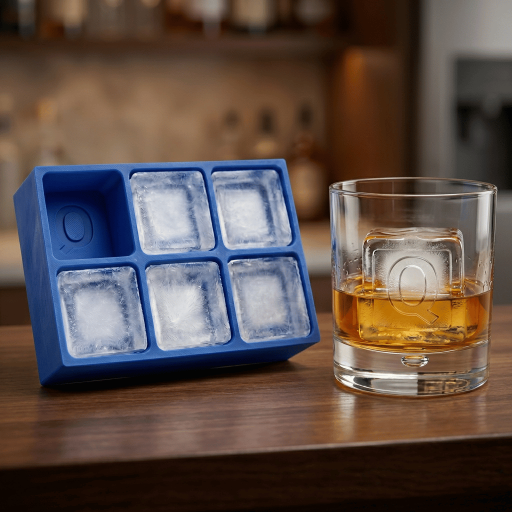 Blue silicone Letter Q ice cube tray and a whiskey glass with a Q-stamped ice cube on a wooden bar top, set against a warmly lit back-bar.