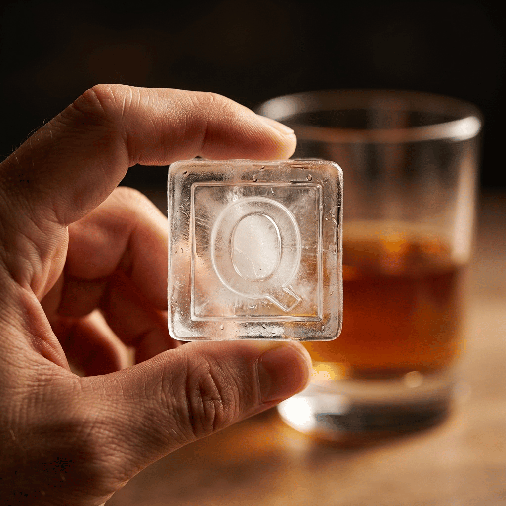 A person's hand holding up a large clear ice cube stamped with the letter Q, with a glass of amber whiskey blurred in the background.