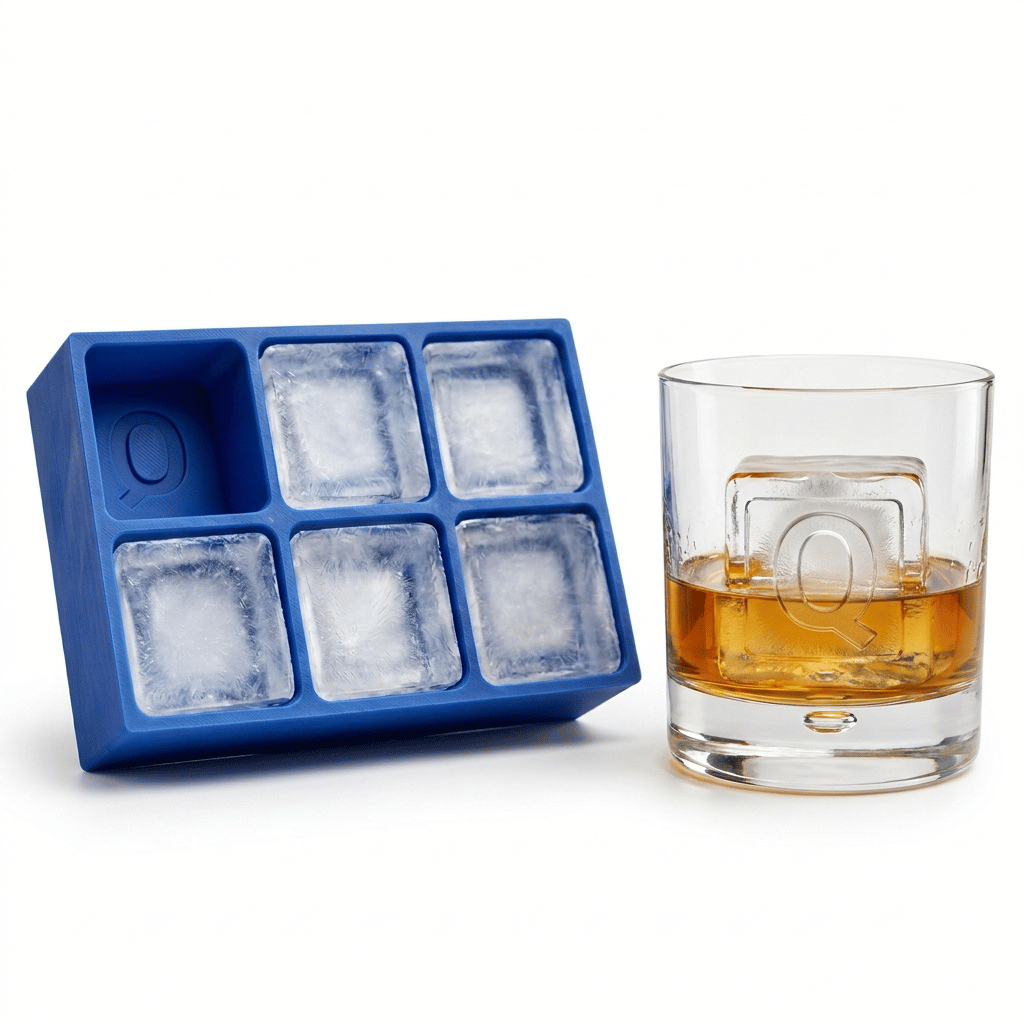 Blue silicone Letter Q ice cube tray beside a rocks glass of amber whiskey chilled with a large clear ice cube stamped with the letter Q, on a white background.
