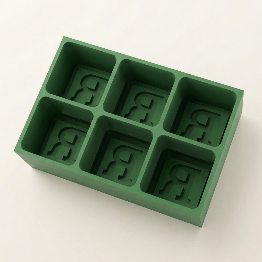 Green silicone Letter R ice cube tray, 6-cavity mould with bold monogram R design
