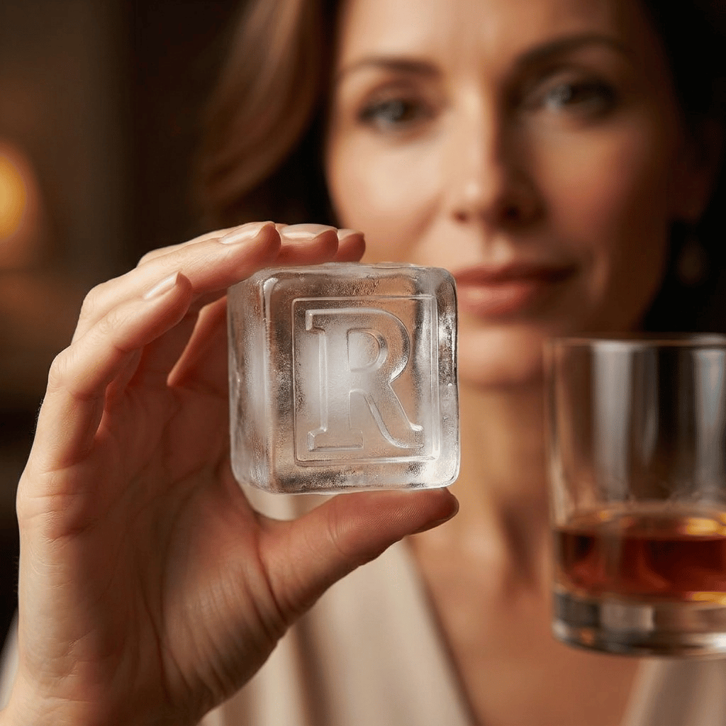 A woman holds a large clear ice cube stamped with the letter R up to the camera, with a glass of whiskey in the background.