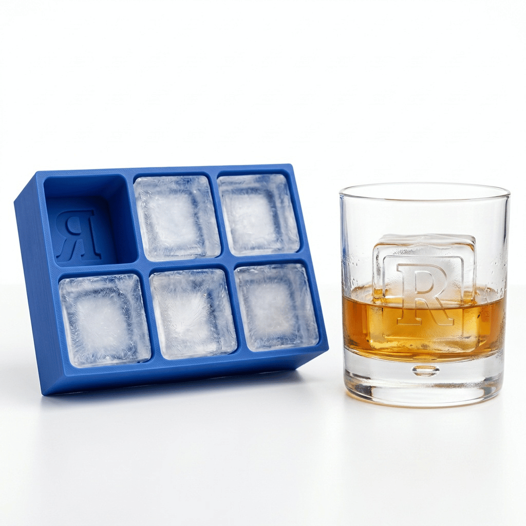 A blue silicone Letter R ice tray beside a whiskey glass containing amber liquor and a clear ice cube stamped with the letter R.