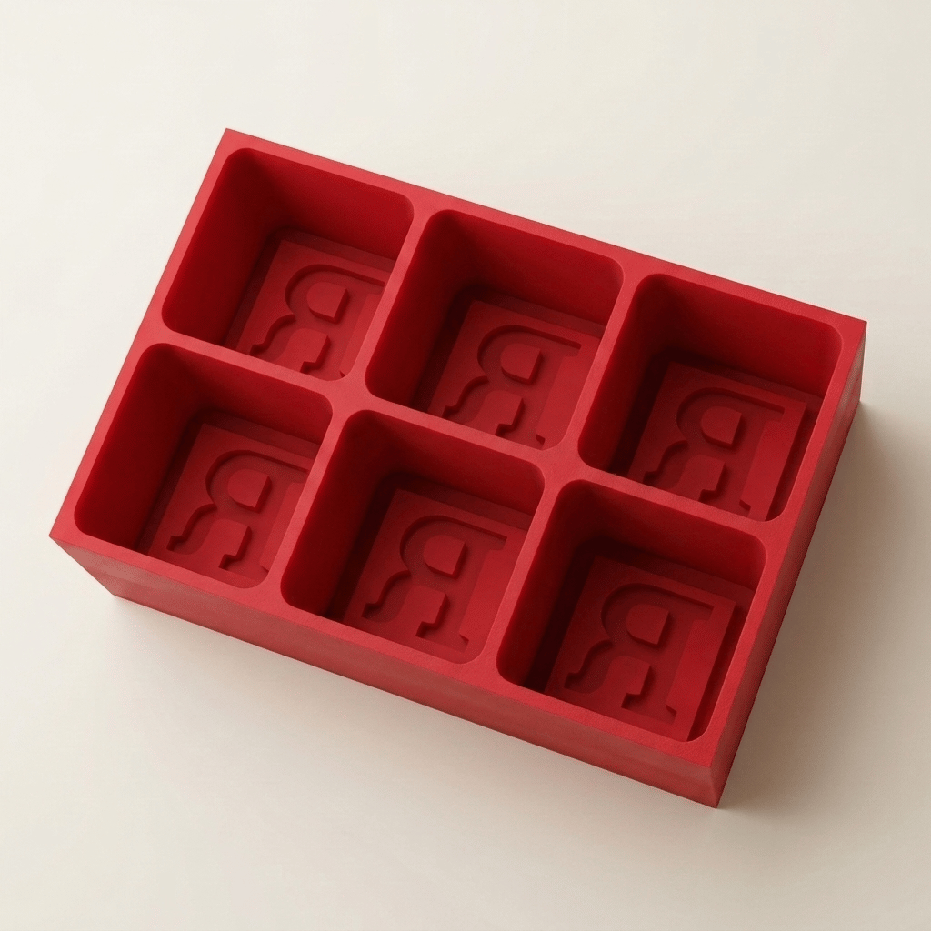 Red silicone Letter R ice cube tray, 6-cavity mould with bold monogram R design