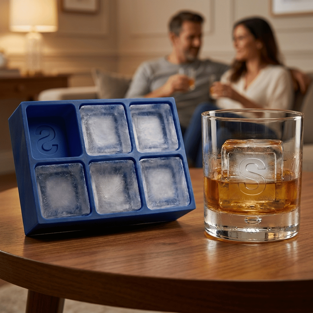A blue silicone Letter S ice tray and a whiskey glass holding a clear ice cube stamped with the letter S on a wooden table, with a couple relaxing in the background.