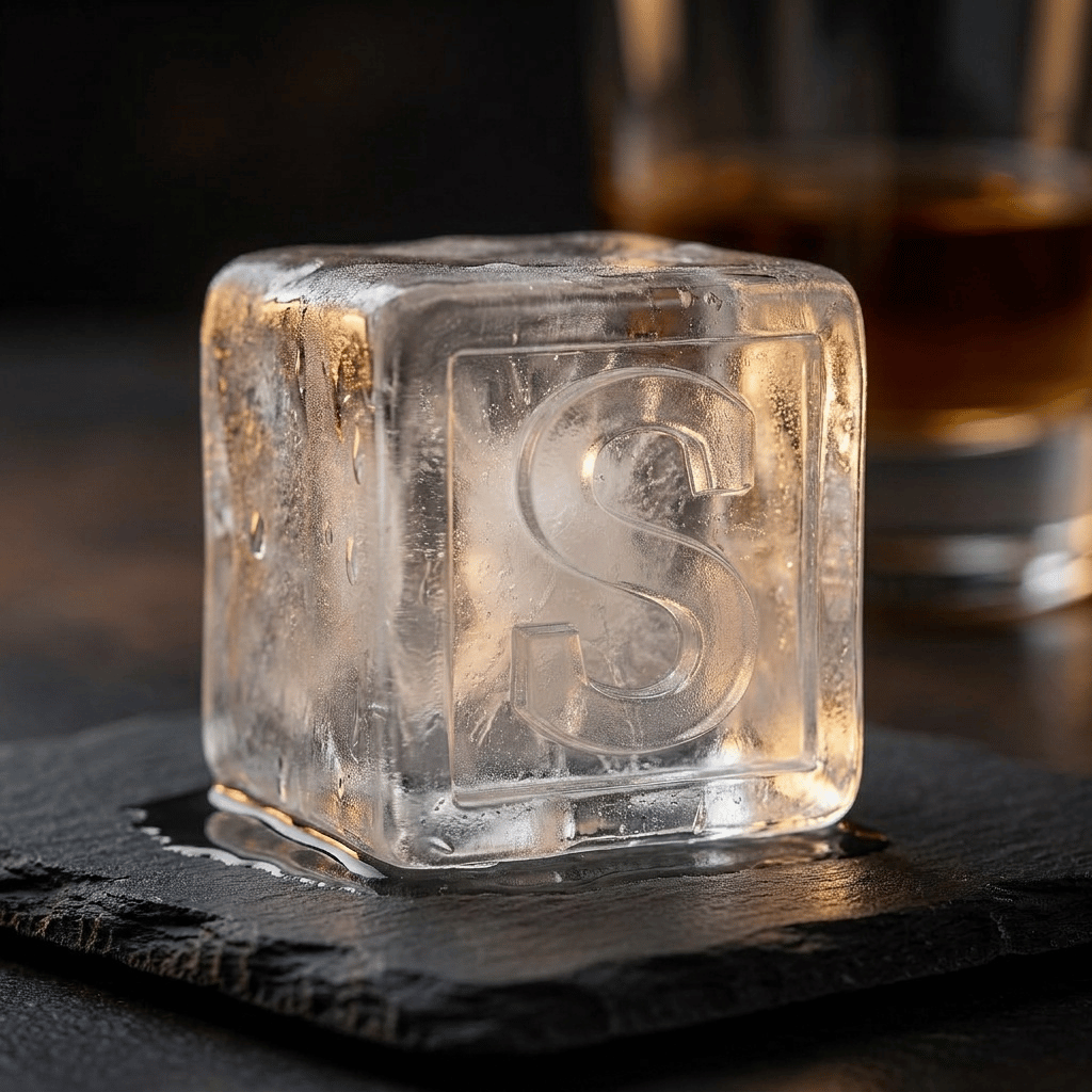 A large clear ice cube stamped with the letter S resting on a dark slate coaster, with a glass of whiskey blurred in the background.