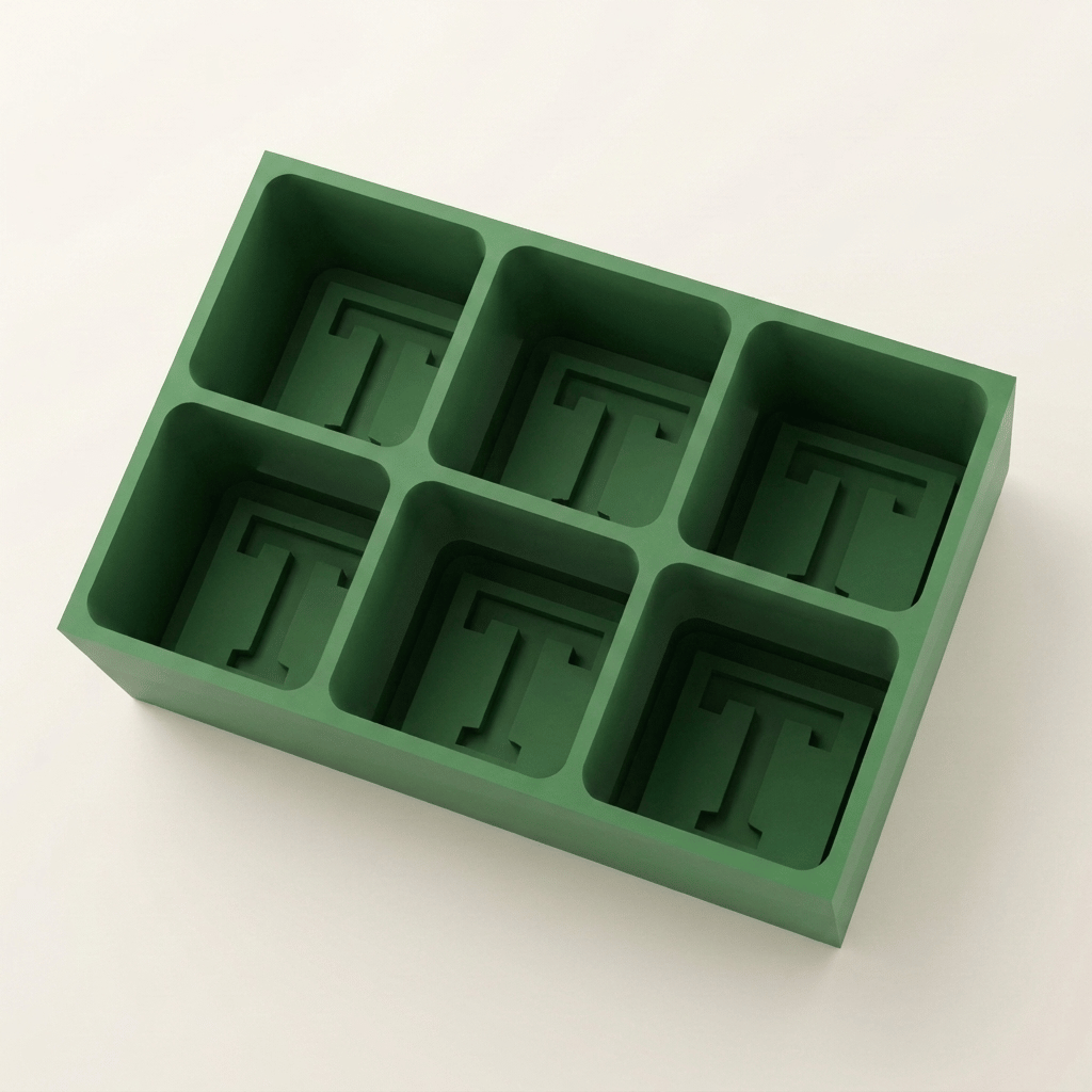 Green silicone Letter T ice cube tray, 6-cavity mould with bold monogram T design