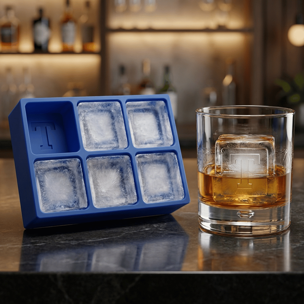 A blue silicone Letter T ice tray beside a whiskey glass holding a clear ice cube stamped with the letter T, set on a dark bar counter with backlit bottles behind.