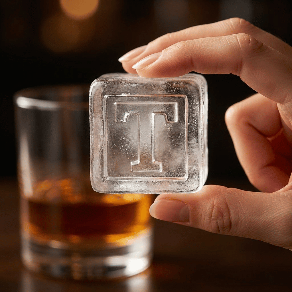 A hand holds a large clear ice cube stamped with the letter T, with a glass of whiskey in the background.