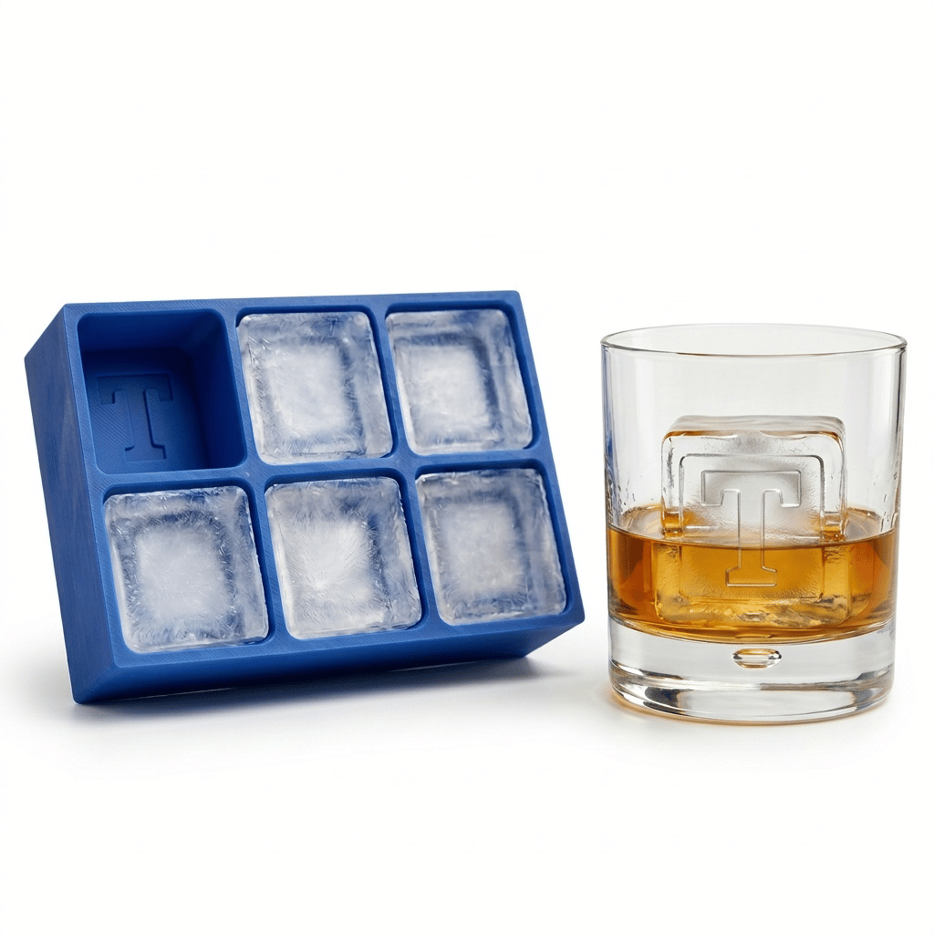 A blue silicone Letter T ice tray beside a whiskey glass containing amber liquor and a clear ice cube stamped with the letter T.
