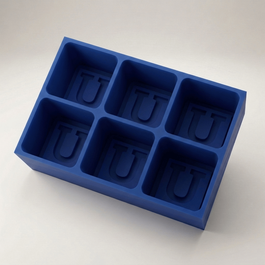 Blue silicone Letter U ice cube tray, 6-cavity mould with bold monogram U design