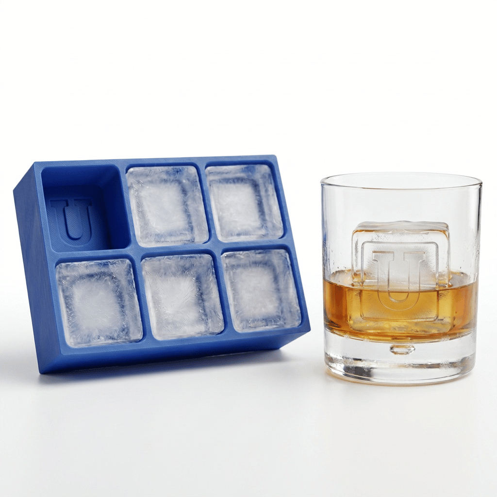 A blue silicone Letter U ice tray beside a whiskey glass containing amber liquor and a clear ice cube stamped with the letter U.