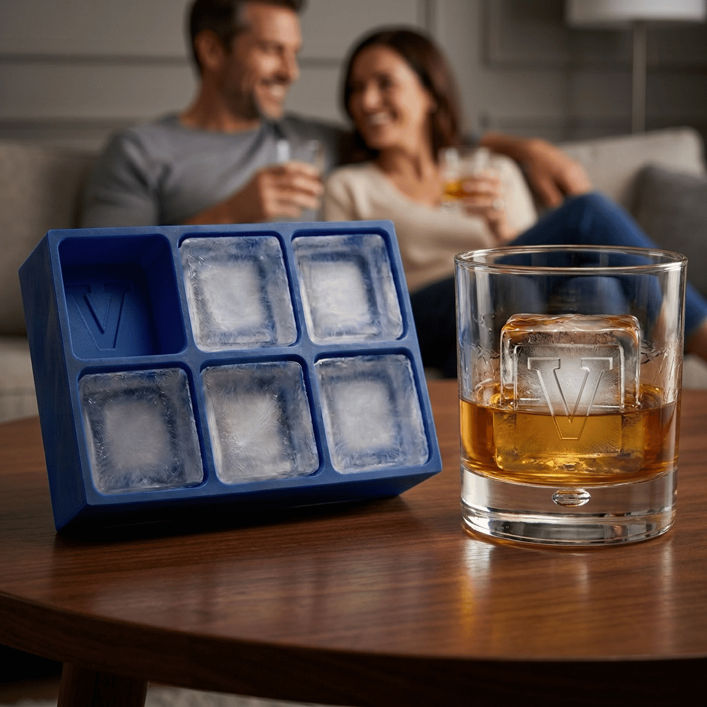 A blue silicone Letter V ice tray and a whiskey glass holding a clear ice cube stamped with the letter V on a wooden table, with a couple relaxing in the background.