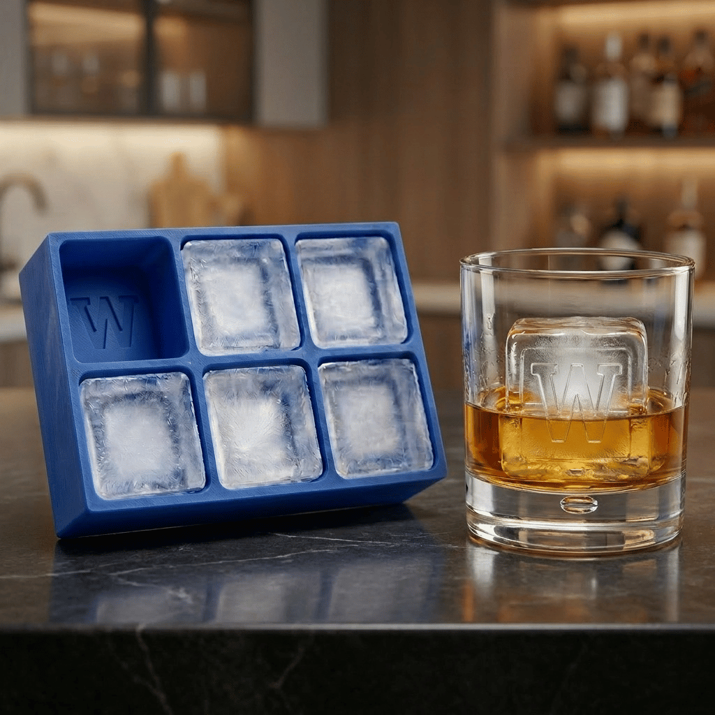 A blue silicone Letter W ice tray beside a whiskey glass holding a clear ice cube stamped with the letter W, set on a dark bar counter with backlit bottles behind.