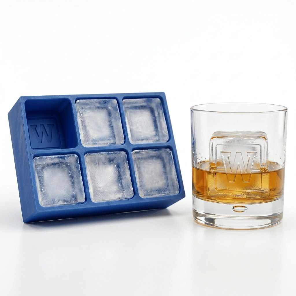 A blue silicone Letter W ice tray beside a whiskey glass containing amber liquor and a clear ice cube stamped with the letter W.