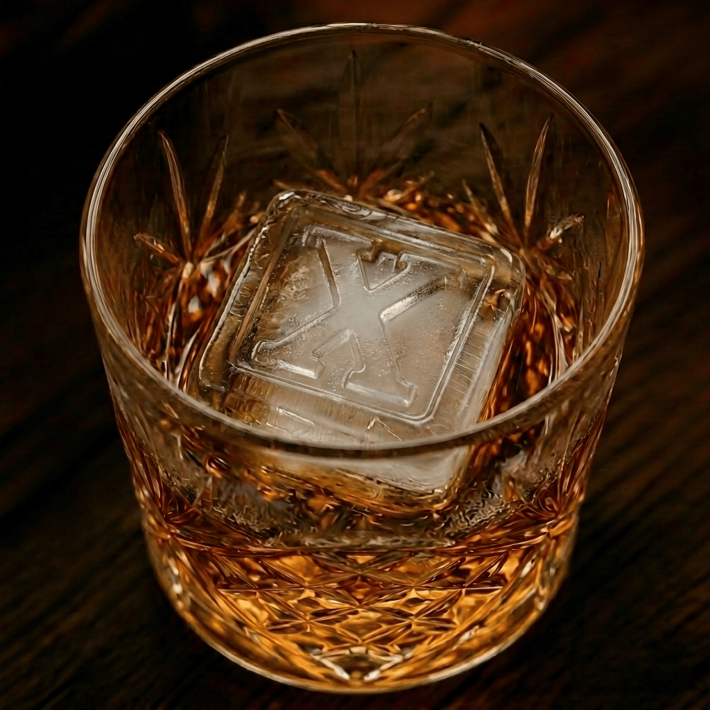 A cut-crystal whiskey glass filled with amber liquor and a large clear ice cube stamped with the letter X, set on a dark wooden surface.
