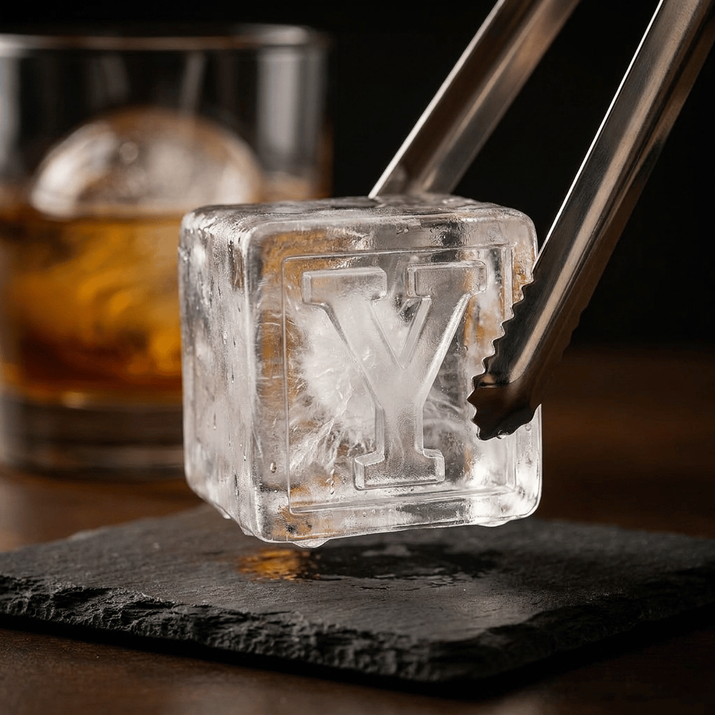 Metal tongs gripping a large clear ice cube stamped with the letter Y over a dark slate coaster, with a glass of whiskey in the background.