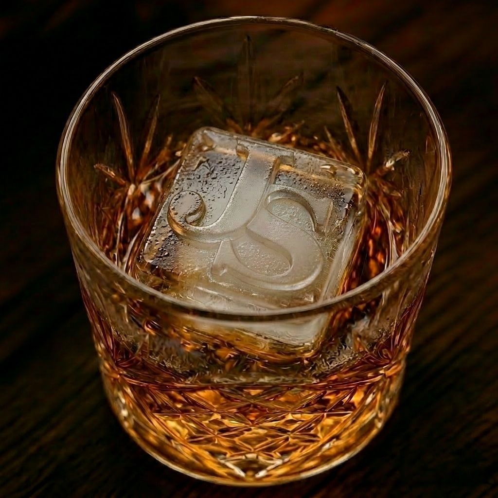 Custom monogrammed ice cube in a whiskey glass showing crisp embossed initials