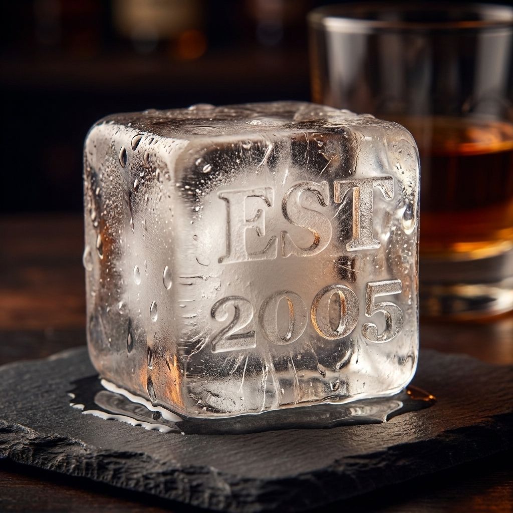 Close-up of a large monogrammed ice cube showing the EST year personalisation