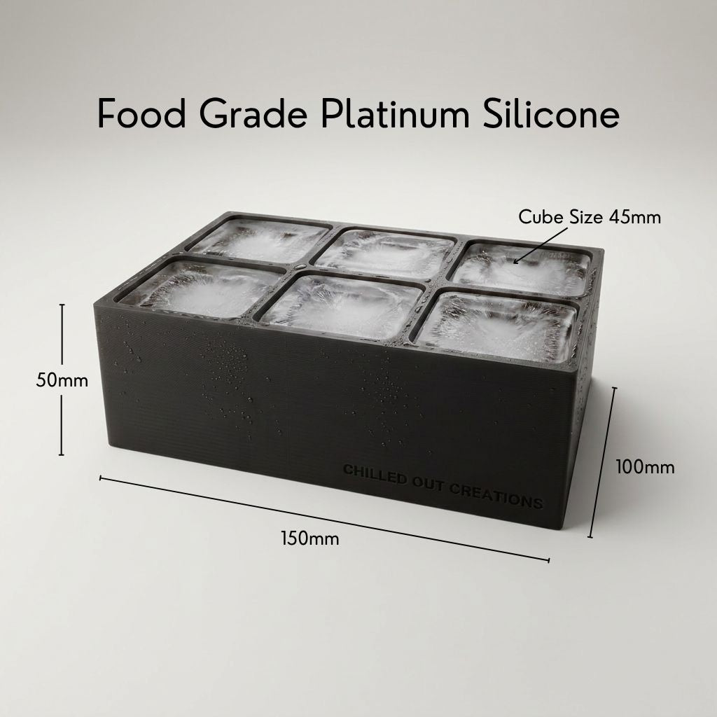 Black monogrammed ice cube tray dimensions – food grade platinum silicone with 45mm cubes
